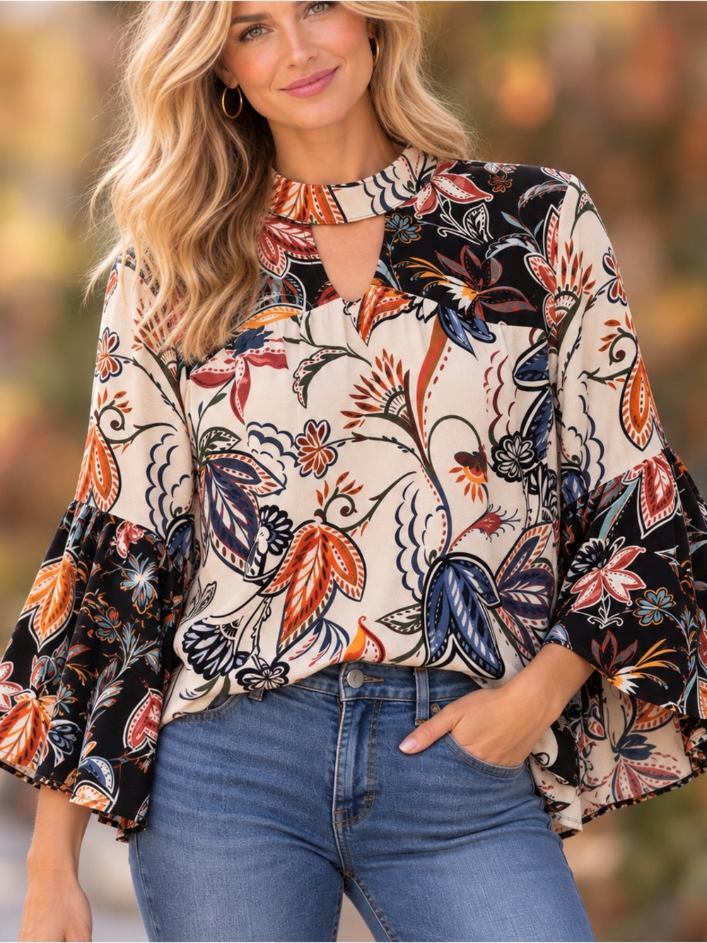 Flying Tomato L Flowy Fall Floral Top Keyhole Neck Bell Sleeves Boho Folk Rust